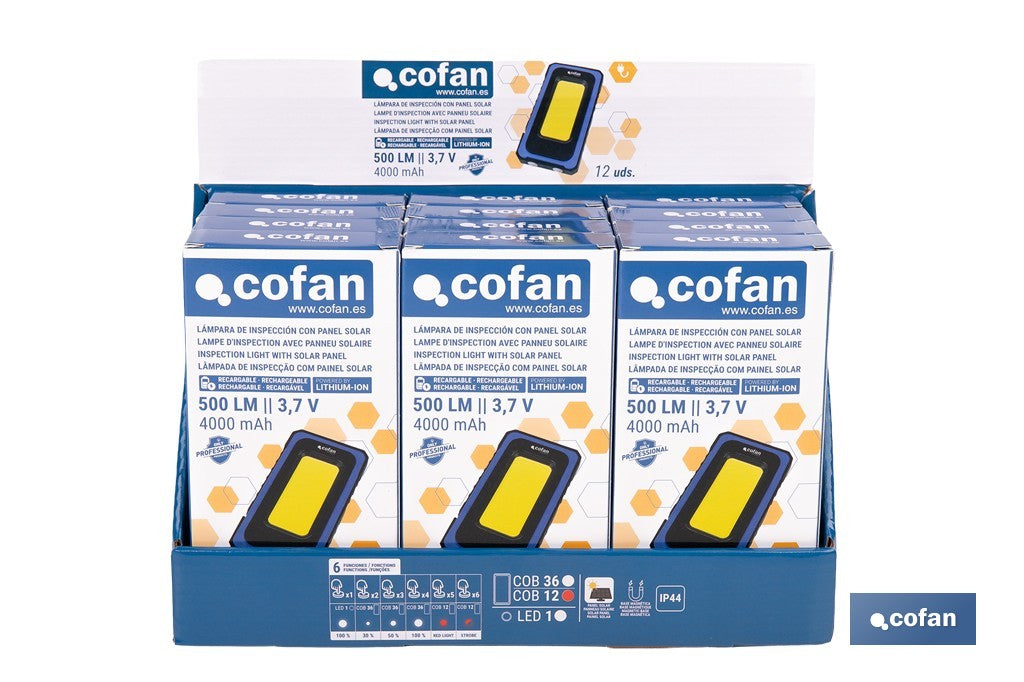 EXPOSITOR CON 12 LÁMPARAS DE INSPECCIÓN COB LED Y PANEL SOLAR