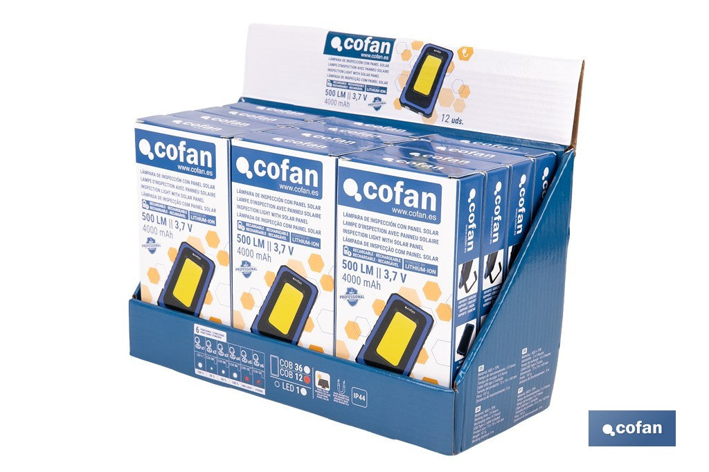 EXPOSITOR CON 12 LÁMPARAS DE INSPECCIÓN COB LED Y PANEL SOLAR