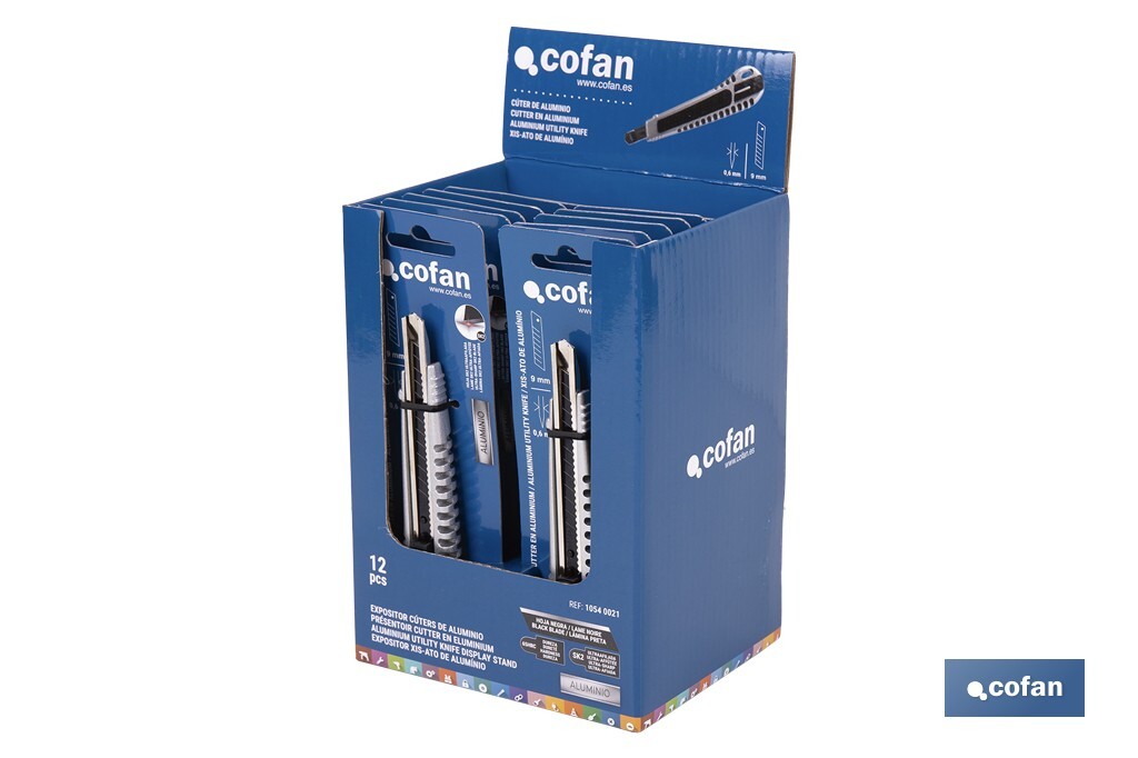 EXPOSITOR DE CÚTER DE ALUMINIO 9 MM 12 UDS.