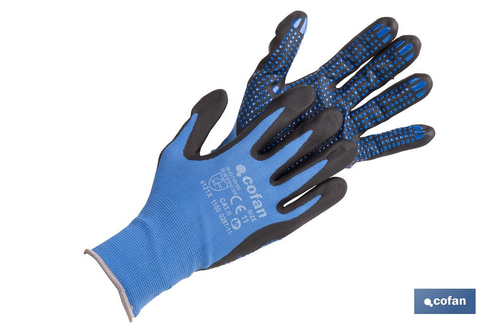 GUANTE IMPREGNADO CON PUNTOS AZULES DE NITRILO TALLA 11 VENTA UNITARIA