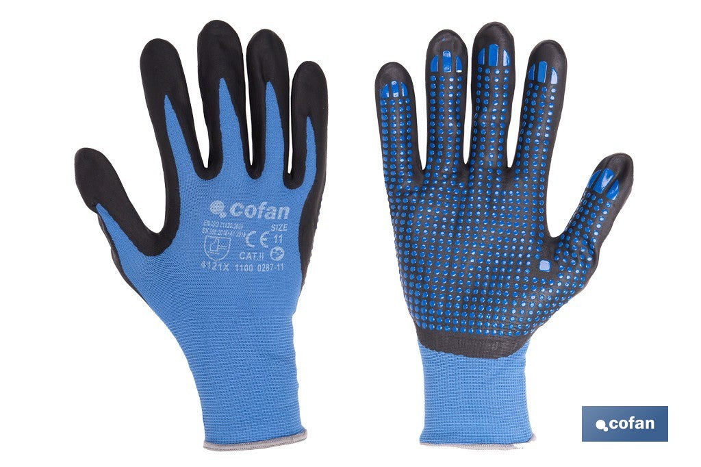 GUANTE IMPREGNADO CON PUNTOS AZULES DE NITRILO TALLA 6 VENTA UNITARIA