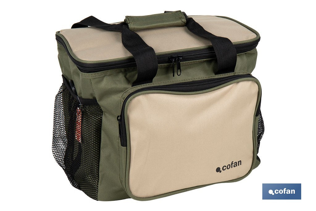 NEVERA TEXTIL PORTÁTIL MULTIBOLSILLOS COLOR VERDE/BEIGE 20 L