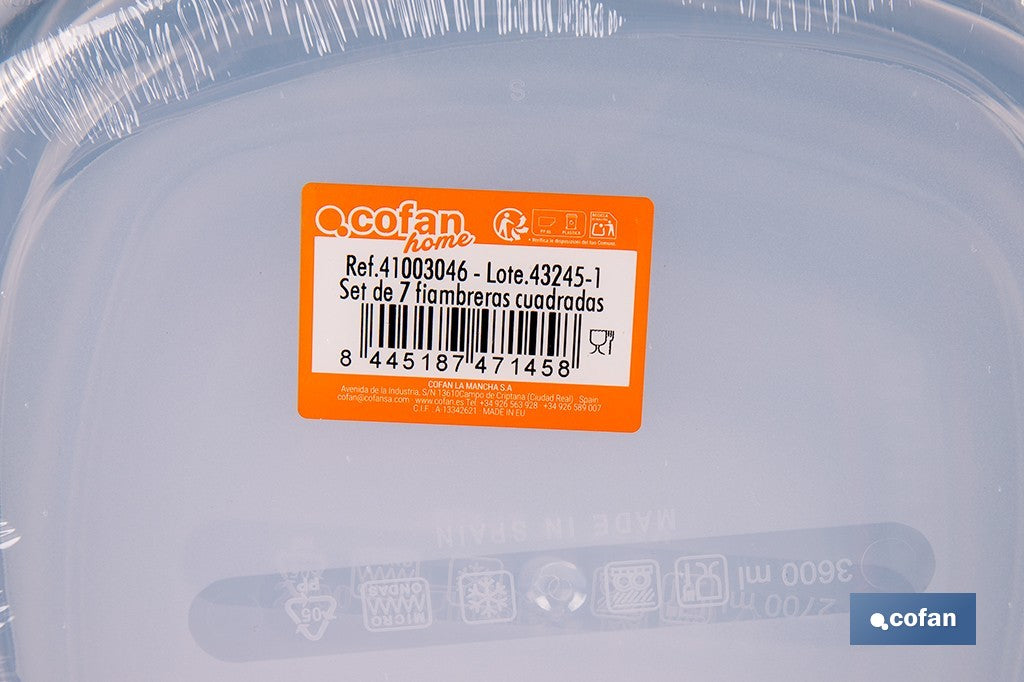 SET DE 7 FIAMBRERAS CUADRADAS 220/350/600/1200/2000/2700/3600 ML