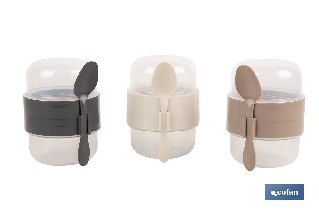 SET DE 3 RECIPIENTES CON TAPA, CUCHARA Y COMPARTIMIENTO INTERIOR 200ML+200ML