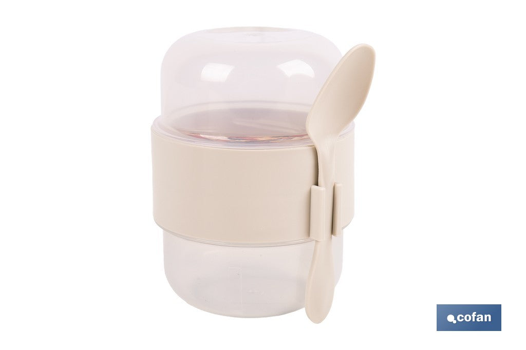 SET DE 3 RECIPIENTES CON TAPA, CUCHARA Y COMPARTIMIENTO INTERIOR 200ML+200ML