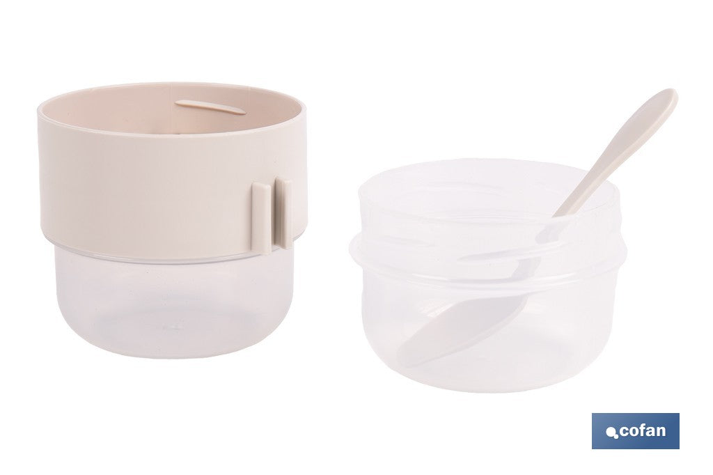 SET DE 3 RECIPIENTES CON TAPA, CUCHARA Y COMPARTIMIENTO INTERIOR 200ML+200ML