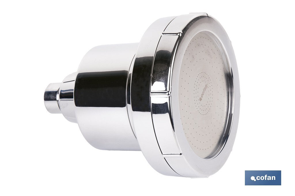 ROCIADOR DE DUCHA CON 15 FILTROS COLOR INOX. 11,5 X 13,5 CM