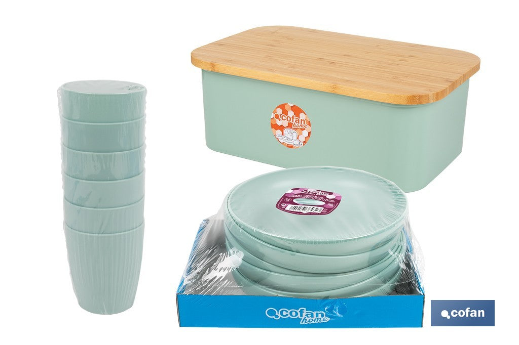 PACK DE PANERA CON TAPA BAMBU,6 VASOS DE AGUA VERDE Y 6 PLATOS VERDE