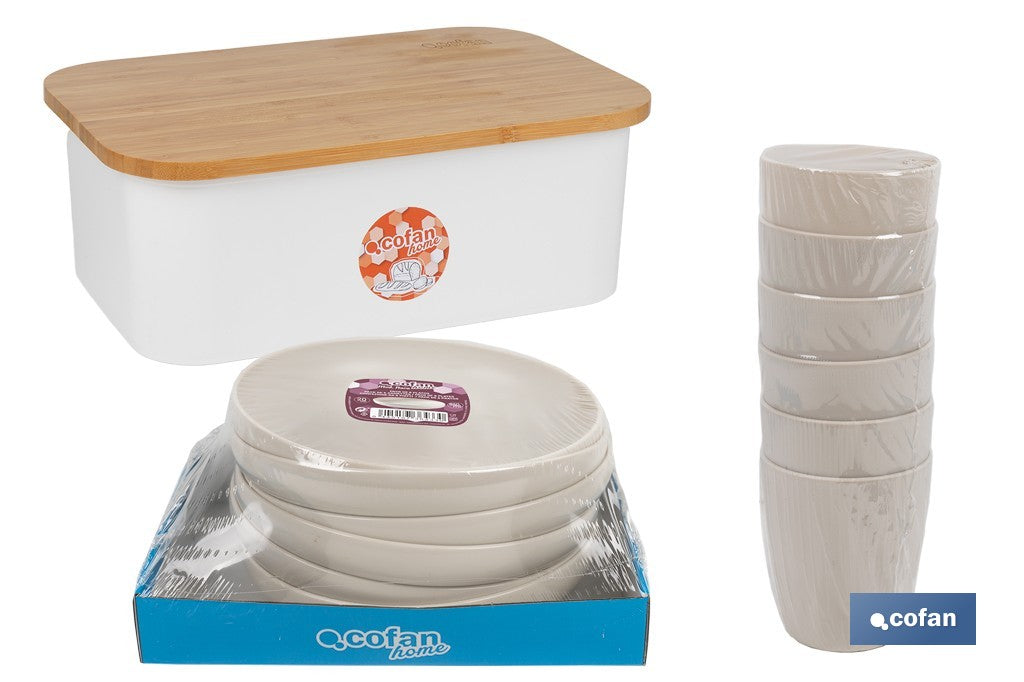 PACK DE PANERA CON TAPA BAMBU,6 VASOS DE AGUA BEIGE Y 6 PLATOS BEIGE