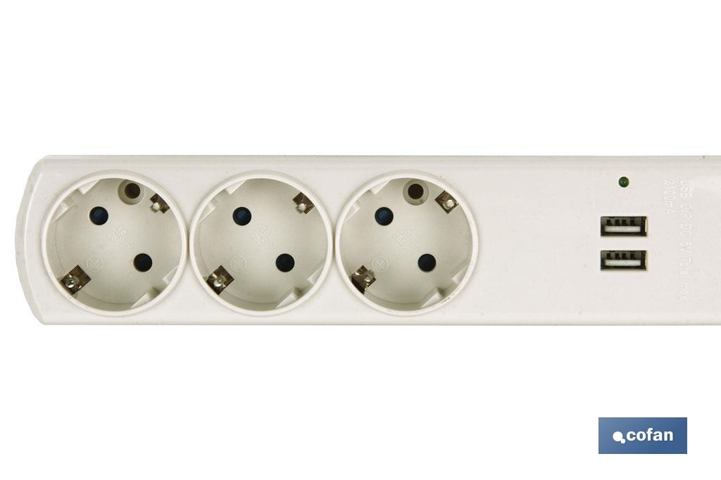 BASE BIPOLAR 3 TOMAS Y PROLONGACIÓN 1,5M CON T/T LATERAL 16A 250V USB