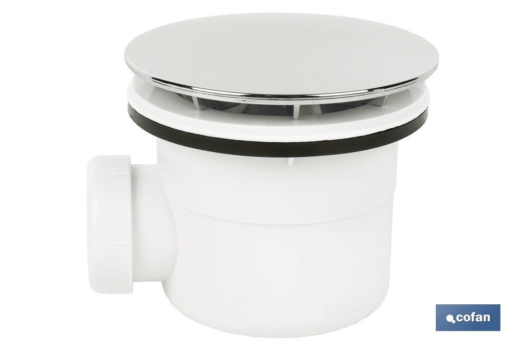 VÁLVULA SIFÓNICA PLATO DE DUCHA Ø90 MM CON SALIDA Ø32-40 MM Y EMBELLECEDOR CROMADO ALTURA 86 MM