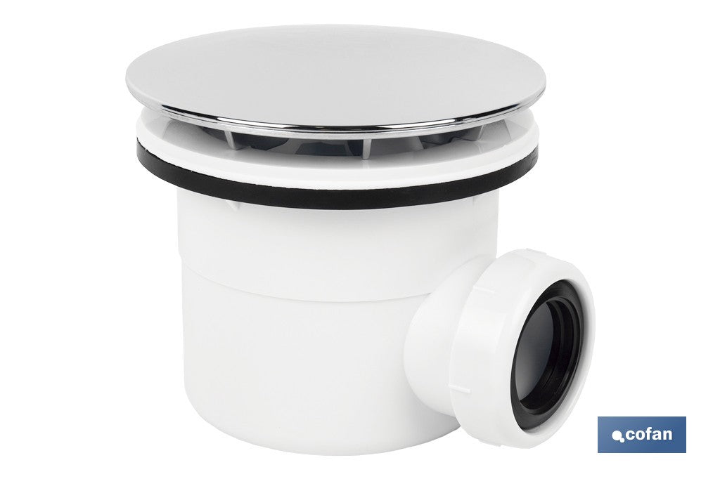 VÁLVULA SIFÓNICA PLATO DE DUCHA Ø90 MM CON SALIDA Ø32-40 MM Y EMBELLECEDOR CROMADO ALTURA 86 MM
