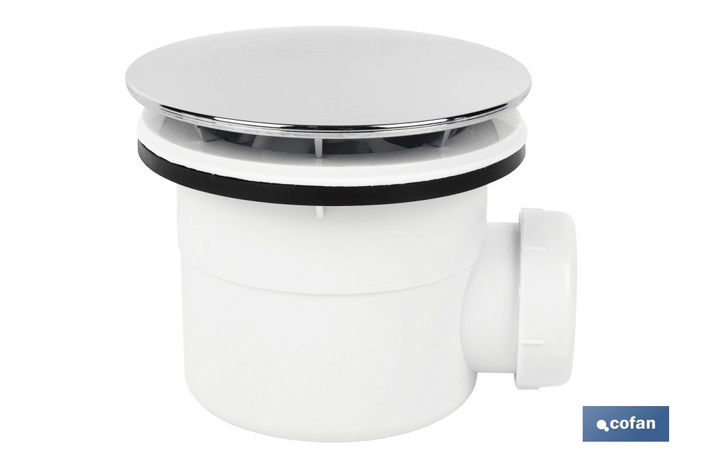 VÁLVULA SIFÓNICA PLATO DE DUCHA Ø90 MM CON SALIDA Ø32-40 MM Y EMBELLECEDOR CROMADO ALTURA 86 MM
