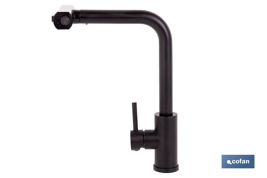 GRIFO DE COCINA NEGRO DE ACERO CON MANGUERA EXTENSIBLE Y 3 FUNCIONES 340 X 240 X 54 MM