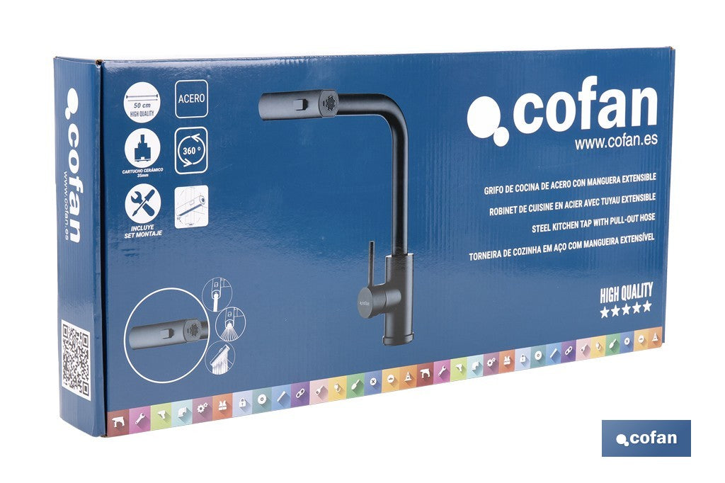 GRIFO DE COCINA NEGRO DE ACERO CON MANGUERA EXTENSIBLE Y 3 FUNCIONES 340 X 240 X 54 MM